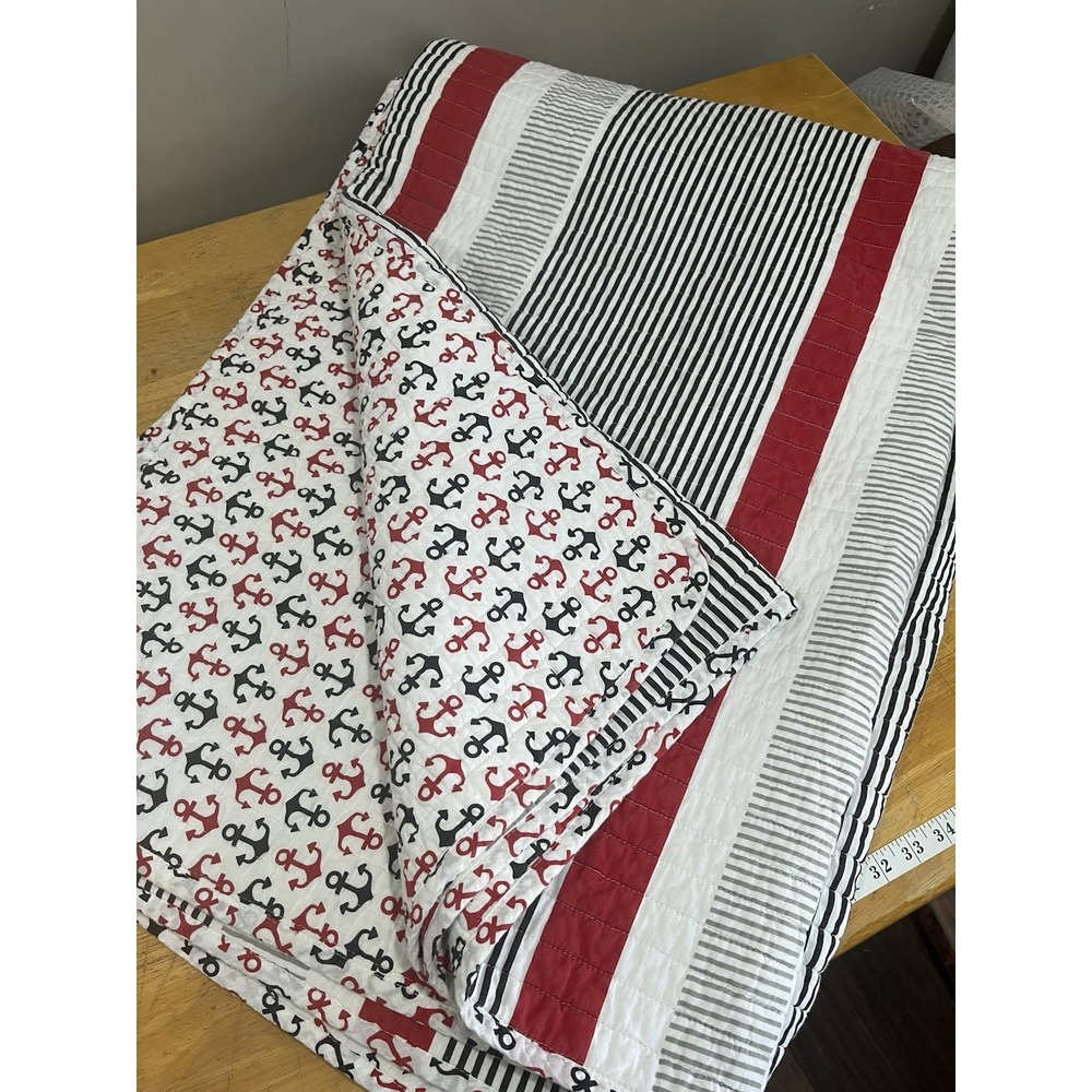 Poppy & Fritz Nautical Anchor Red/White/Black Striped Reversible Twin Quilt‎